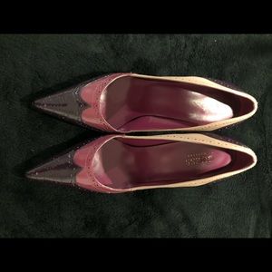Guess pink multi patent pointed toe pumps